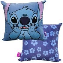 Almofada Stitch Azul Flores Aveludada 40x40cm Oficial Disney