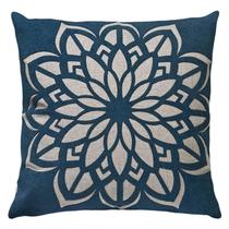 Almofada Tecido Bouclé E Linho Mandala Flor Azul Cru 50x50