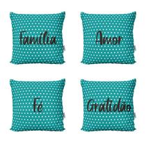Almofadas Decorativas Azul Turquesa Família, Amor, Fé e Gratidão Para Sofá 40x40 - Novadecora