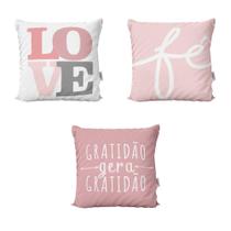 Almofadas Decorativas Rosa Love, Fé e Gratidão Gera Gratidão Para Sala 40x40 - Novadecora