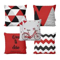 Almofadas Decorativas Vermelhas e Preta Geométricas Gratidão Bike Para Sala 40x40 - Novadecora