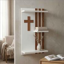 Altar de Parede Ripado MDF para Santo - Oratório Capela de Oração Branco e Marrom Altar de Parede Ripado MDF para Santo - Oratório Capela de Oração Branco e Marrom