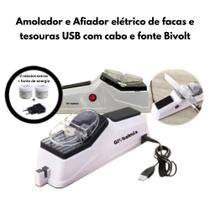 Amolador Afiador Elétrico para Facas e Tesouras Multifuncional USB Bivolt com Rebolo Extra Tampa Protetora
