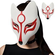 AMOSFUN Fox Mask Japanese Kabuki Kitsune Máscaras para Homens Mulheres Crianças Halloween Máscara Fantasia Prop, Branco+vermelho, Médio