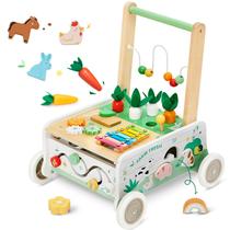 Andador de bebê de madeira, andador de bebê de velocidade ajustável com roda, brinquedos para centros de atividades infantis, brinquedo Montessori Farm Walker com separador de formas, colheita de cenoura para meninos e meninas