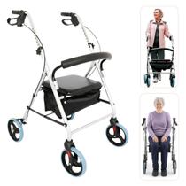 Andador Idoso com Rodas Assento Macio Dobrável Cesto e Freio D12 Dellamed