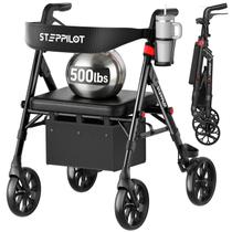 Andador Rollator Bariátrico StepPilot com Assento para Idosos, Capacidade de 227 kg, Estrutura de Alumínio, Estabilidade Total, Leve com 7,3 kg, Rodas Off-Road de 20 cm, Alça/Assento Ajustáveis em 10 Níveis, Suporte para Copo e Clipe para Bengala