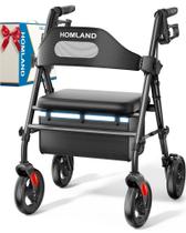 Andadores dobráveis HOMLAND com assento para idosos, rodas grandes de 8", capacidade de peso de 350 libras, alças e altura do assento ajustáveis, andador leve com rodinhas, pretos