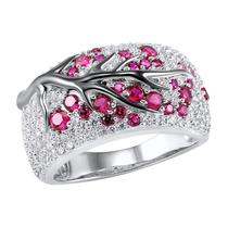 Anéis de banda feminina ramo de ameixa fushsia flores diamante nupcial