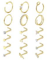 Anéis de Nariz Jstyle Conjunto com 18 Peças em Aço Cirúrgico Dourado 14K Anéis de Nariz Jstyle Conjunto com 18 Peças em Aço Cirúrgico Dourado 14K