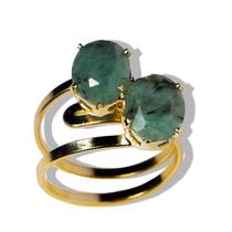 Anel 2 Pedra Esmeralda Gema Facetado Dourado Aro Ajustável