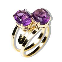 Anel 2 Pedras Ametista Gemas Facetado Aro Dourado Ajustável