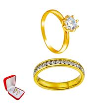 Anel 3mm Cravejado Pedra Branca Zirconia Ouro 18k + Anel Solitario 2mm Dourado Noiva