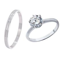 Anel 4mm Prata Friso + Anel Solitário 2mm Zircônia Namoro Namorados Tradicional Tugstenio