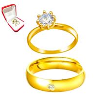 Anel 6mm Dourado Anatomico Pedra Tradicional União + Solitario 2mm Anel Pedra Zirconia Branca