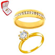 Anel 6mm Dourado Com Pedras Brancas Luxo Compromisso + Anel Solitario Banhando Ouro 18k 2mm Pedra B