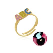 Anel ABC Colorido Menina Regulável Escola Banho Ouro+Capelo