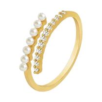 Anel Aberto Dourado Com Micro Strass E Pérolas Para Mulheres, Joia Elegante Para Festas E Anel Aberto Dourado Com Micro Strass E Pérolas Para Mulheres, Joia Elegante Para Festas E