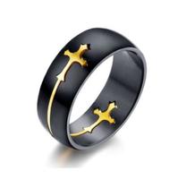 Anel Aço Titanio Preto 8 MM Cruz Ouro Anel Aço Titanio Preto 8 MM Cruz Ouro