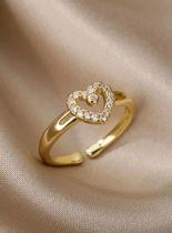 Anel ajustável coração brilhante feminino - banhado a ouro 18k