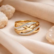 Anel Ajustável Dourado Aros Trançados com Zircônias Aço Inox Anel Ajustável Dourado Aros Trançados com Zircônias Aço Inox