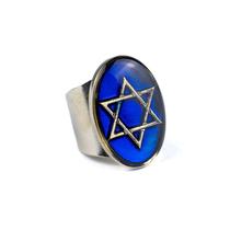 Anel Ajustável Estrela Davi Azul 2,9 cm Niquelado Metal