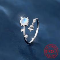Anel Ajustável Feminino com Pedra da Lua Natural e Estrela - Prata 925