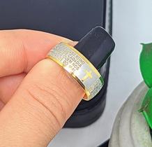 Anel Aliança Oração Pai Nosso Português Cruz Masculino Feminino Unissex Aço Inox 316L Inoxidável Dourado Religioso