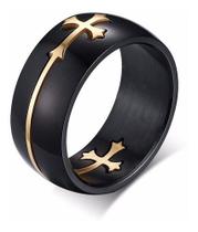 Anel Aliança Titânio Preto Crucifixo Dourado Anel Aliança Titânio Preto Crucifixo Dourado