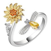Anel anti-stress de girassol em prata 925 com zircônia para meninas