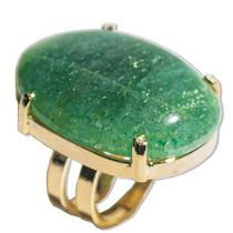 Anel Aventurina Verde Oval Pedra Natural Dourado Ajustável