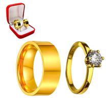 Anel Banhada Ouro 18k 8mm Reta Compromisso + Anel 2mm Dourado Pedra Branca Anatomica Casamento União