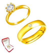 Anel Banhado Ouro 18k 6mm Liso Pedra Branca Casamento + Anel 2mm Dourado Pedra Zirconia Tradicional
