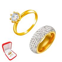 Anel Banhado Ouro 18k 8mm Pedras Casamento Compromisso + Anel Solitario 2mm Pedra Branca Zirconia