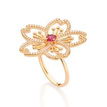Anel banhado ouro 3x 24k 18k e 22k feminino com pedra rommanel grande botão flor esferas, zircônias e cristal rosa 513388