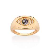 Anel banhado ouro 3x 24k 18k e 22k feminino rommanel olho grego botão cravejado zircônias azul 513364