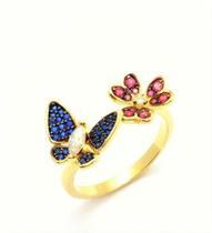 Anel Borboleta E Flor Zirconias Coloridas Banho Ouro 18k 2619