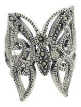 Anel Borboleta Grande Cravejada Marcassita Prata Vazada Boho