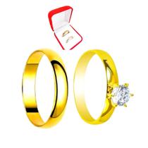 Anel Casamento Tradicional Dourada 4mm + Solitario Anel 2mm Tungstenio Pedra Branca