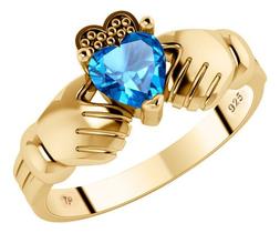 Anel Claddagh Irlandês Prata 925 Dourada 18k - Topázio Azul