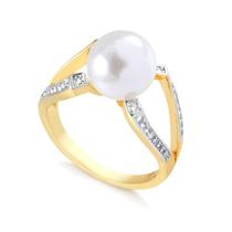 Anel Com Filetes Pedras De Zircônia Pérola E Folheado A Ouro