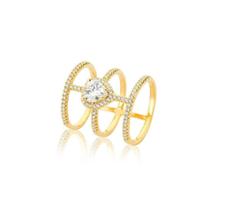 Anel com três fileiras e coração central banhado a ouro