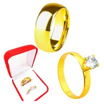 Anel Compromisso 6 Banhos Ouro 18k 6mm + Anel Solitario Dourado 2mm