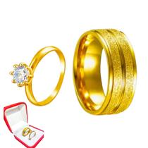 Anel Comprommisso 6mm Risco Dourada Brilhos + Anel Dourado 2mm Pedra Zirconia Branca Tradicional