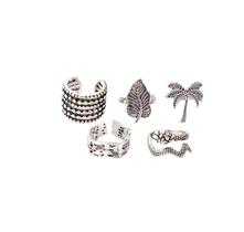 Anel Conjunto 5 Peças Folha Serpente Peixe Fecho Ajustável Anel Conjunto 5 Peças Folha Serpente Peixe Fecho Ajustável