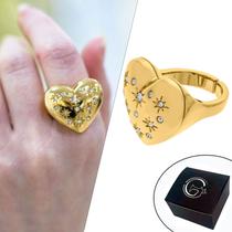 Anel Coração Banhado a Ouro com Cristais e Abertura - Medida Interna 18mm (Aro 17)