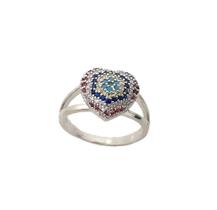 ANEL CORAÇÃO COM CRAVAÇÃO MULTICOLORS BANHADO A RÓDIO BRANCO - 1,2 x 1,2 cm