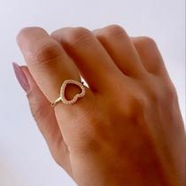 Anel coração vazado cravejado zircônia cristal banhado a ouro 18k Tamanho:16