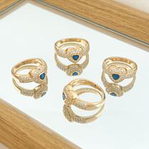 Anel Cravejado Cristal e Coração Azul Banhado a Ouro Anel Cravejado Cristal e Coração Azul Banhado a Ouro