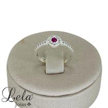 Anel cravejado flor com zirconia rosa central prata 925